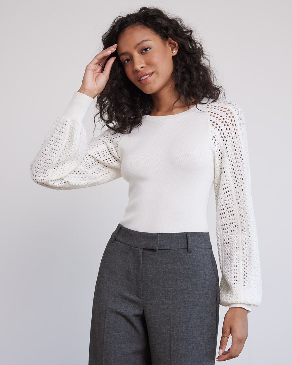 Long-Puffy-Sleeve Crew-Neck Sweater with Pointelle Stitches