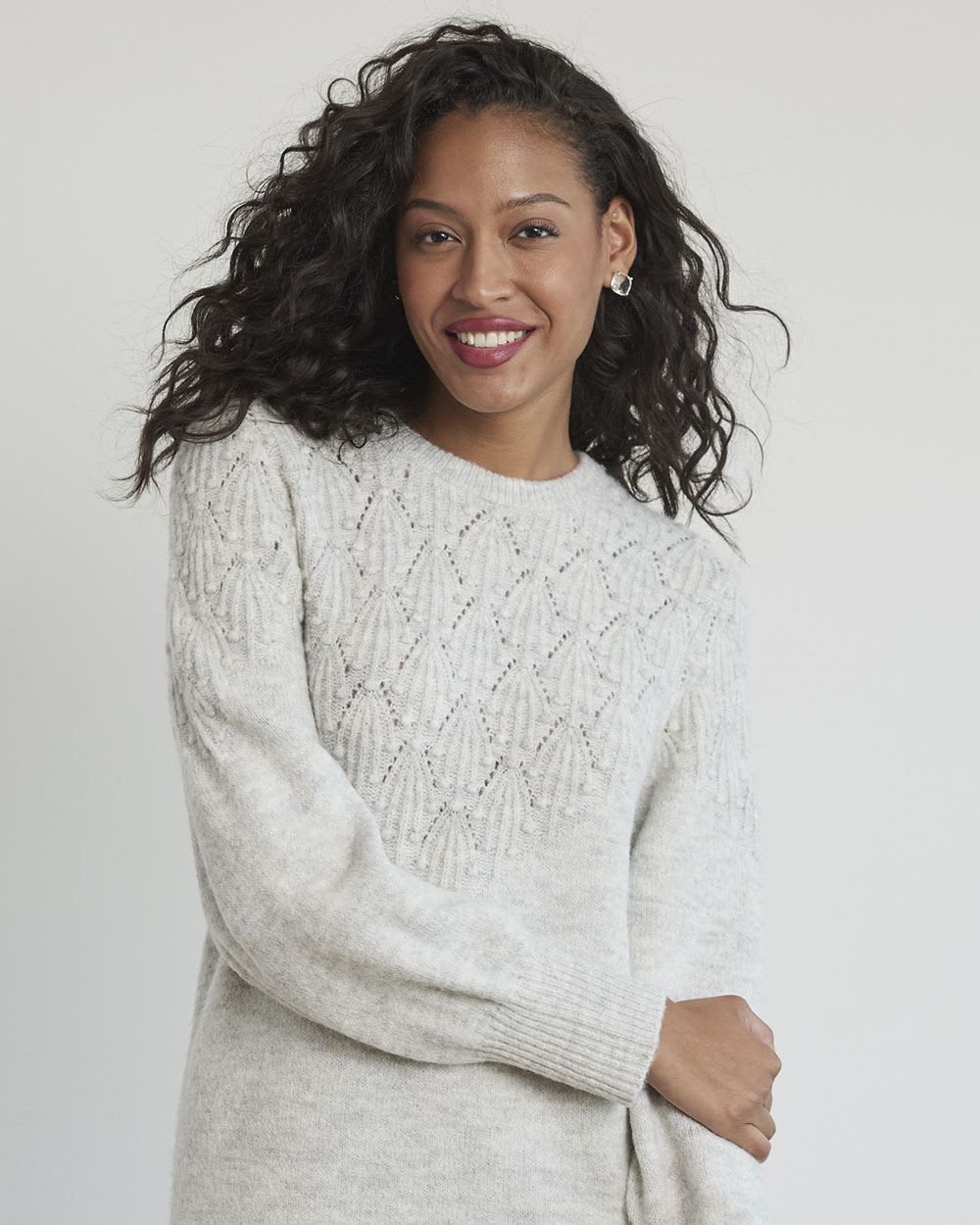 Long-Sleeve Crew-Neck Dress with Pompom Stitches