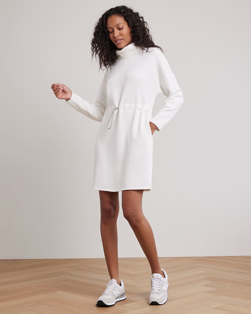 Long-Sleeve Mock-Neck Straight Dress with Adjustable Waist