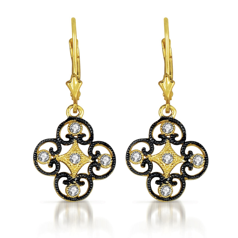 Sterling Silver Black And 14k Yellow Gold Plated Lace Deco with Clear Cubic Zirconia Leverback Drop Earrings