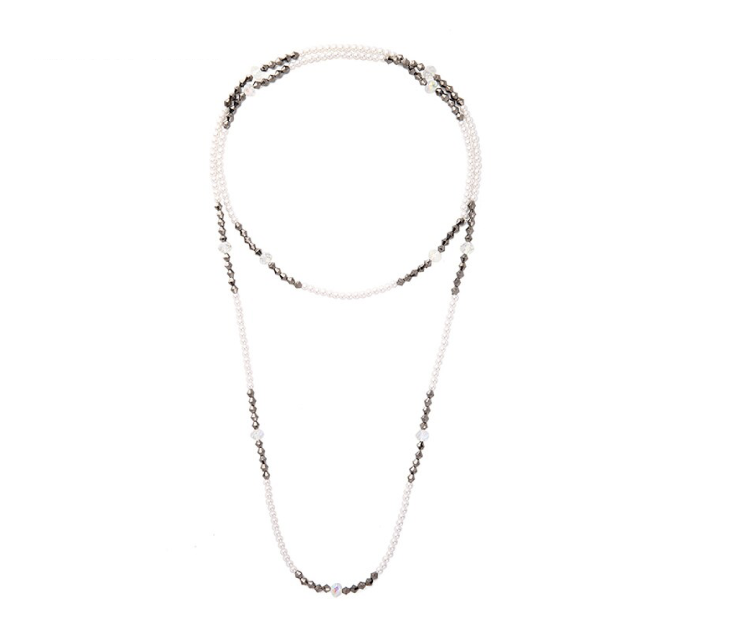 Long White Pearl and Black Crystal Beaded Necklace Bracelet - Don't AsK