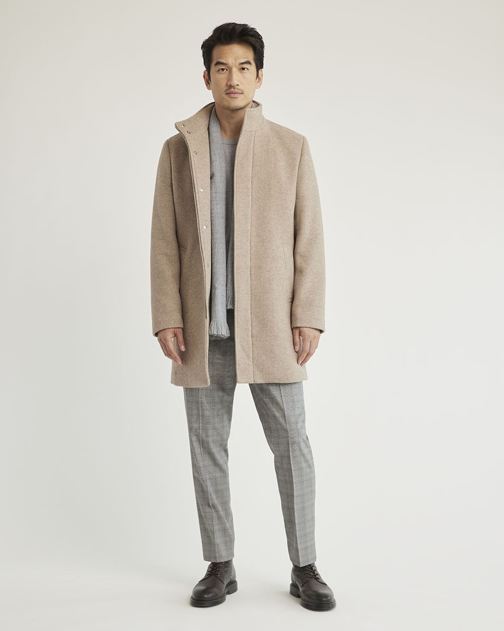 Classic Herringbone Wool Coat with Mock Neckline