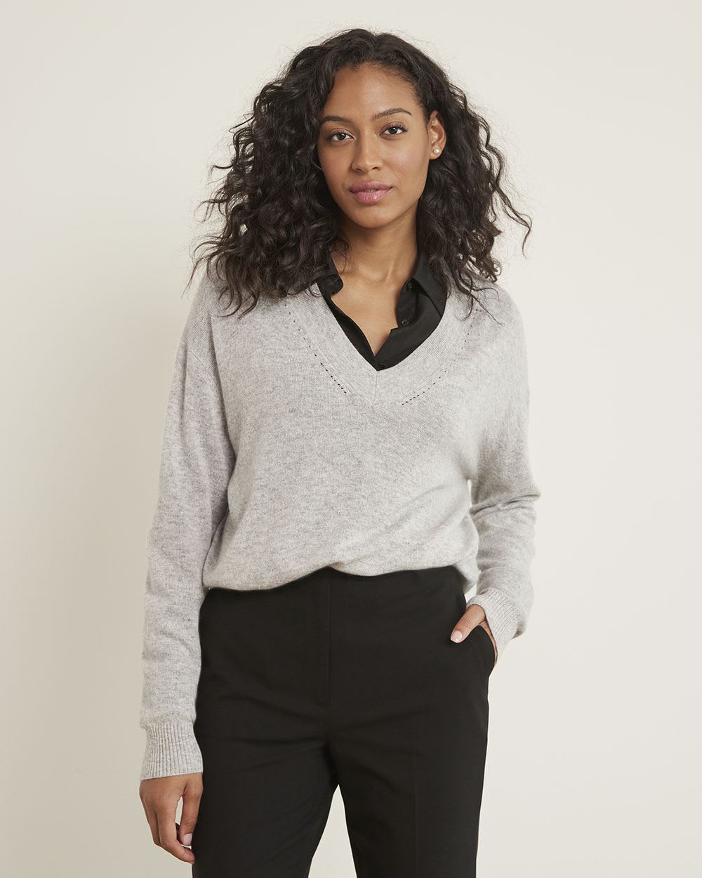 Long-Sleeve V-Neck Cashmere-Blend Sweater