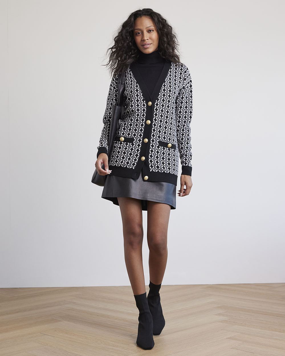 Long-Sleeve V-Neck Jacquard Cardigan