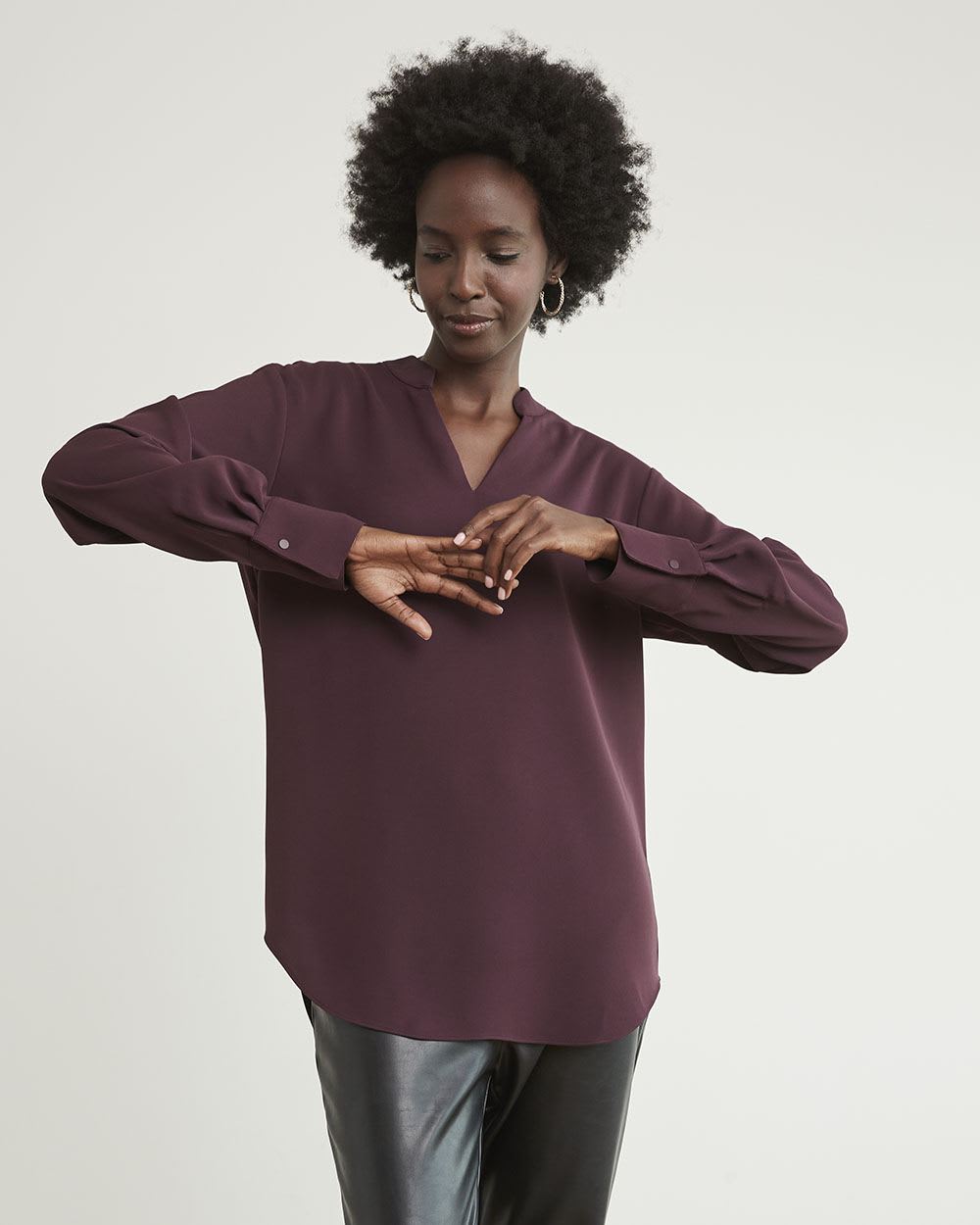 Long-Sleeve Fluid Twill Tunic with V Neckline