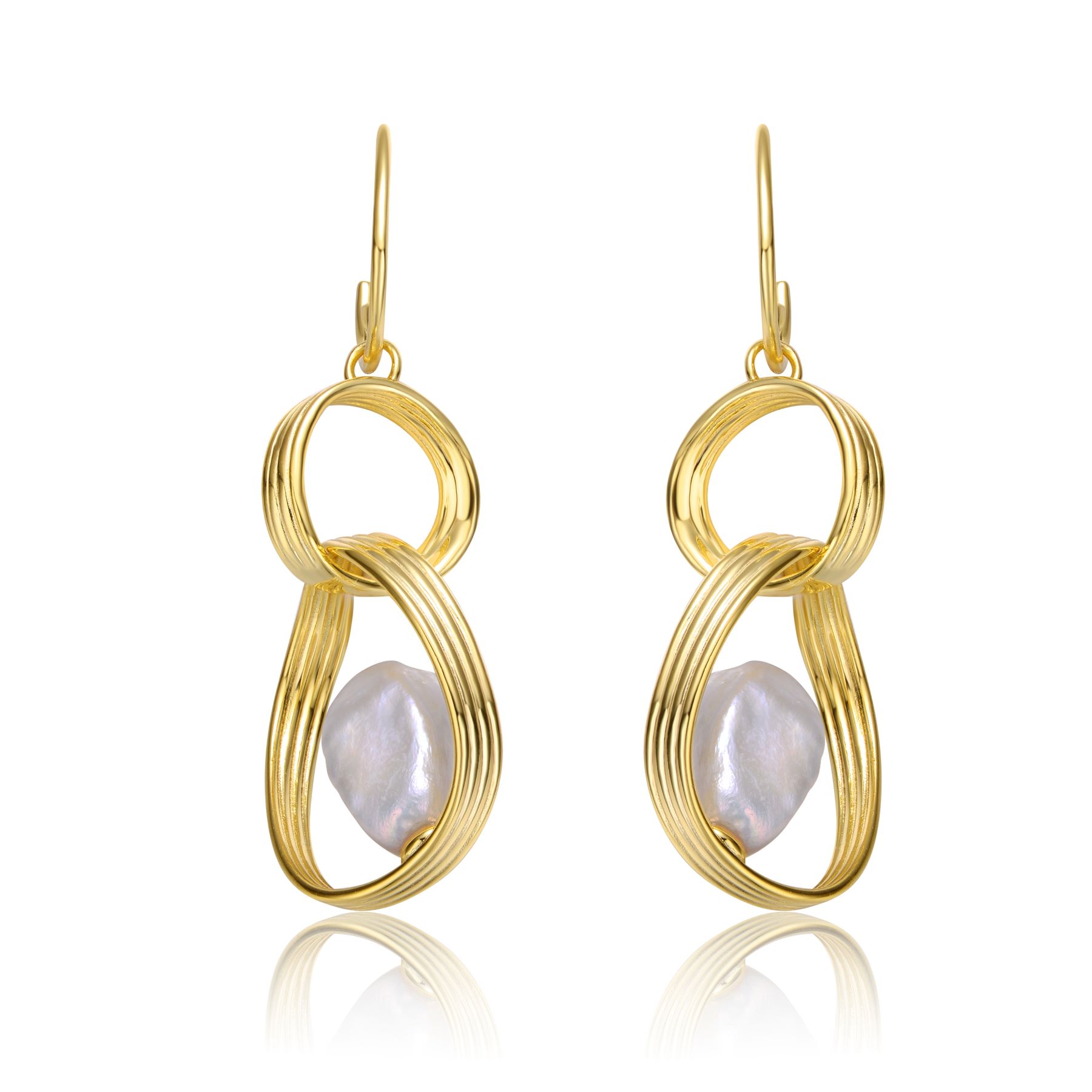 Sterling Silver 14k Yellow Gold Plated with Baroque White Pearl Double Drop Half-Hoop Dangle Earrings