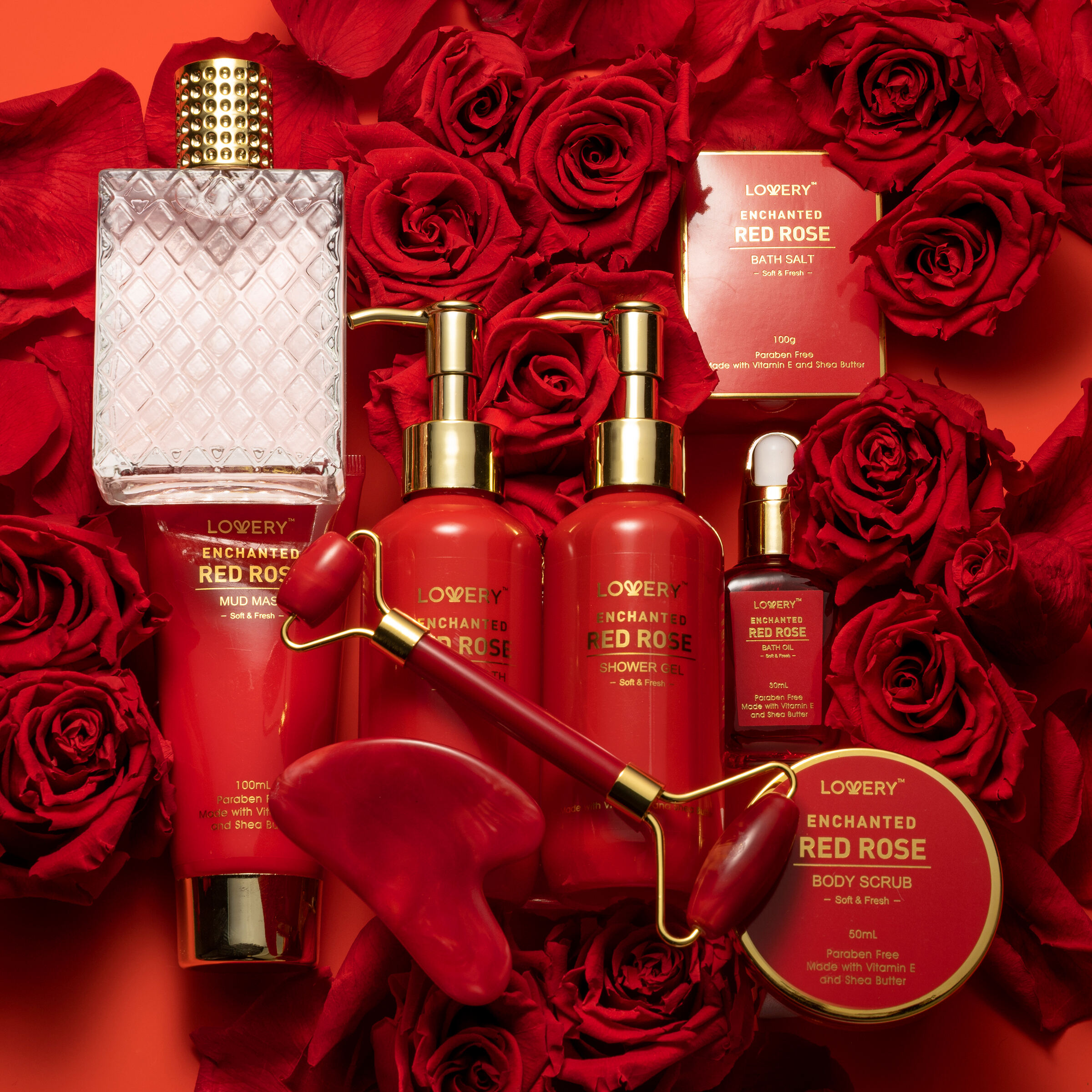 Lovery Luxe 11pc Red Rose Bath And Body Set With Perfume, Jade Roller, Gua Sha & More