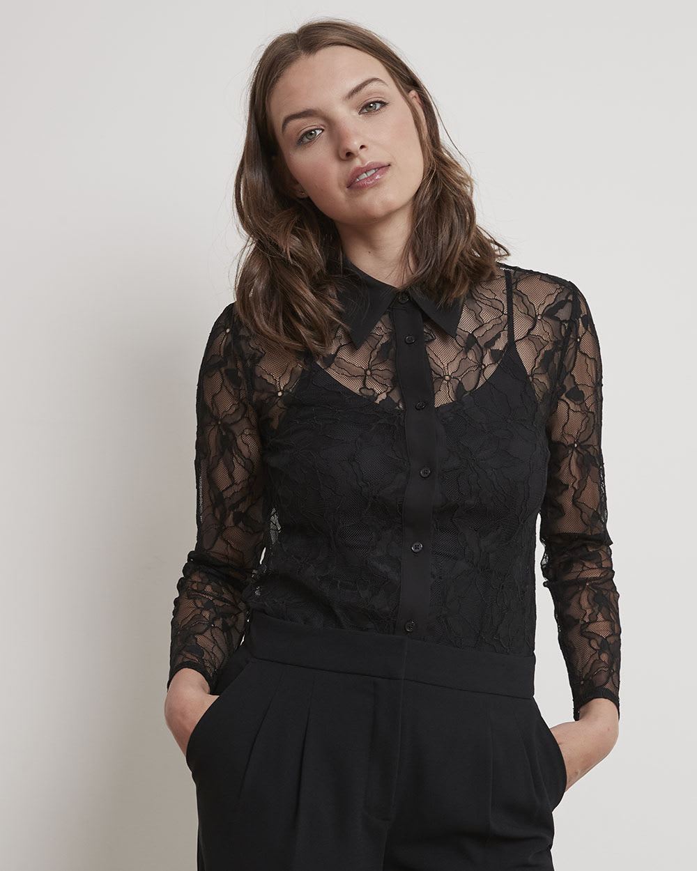 Long-Sleeve Buttoned-Down Lace Blouse