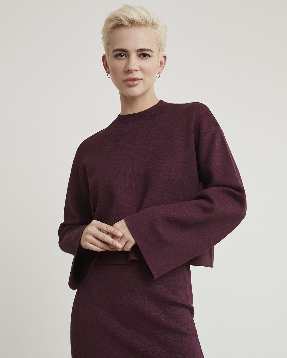Mock-Neck Sweater with Long Bell Sleeves
