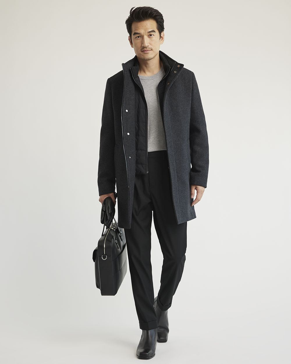 Classic Herringbone Wool Coat with Mock Neckline