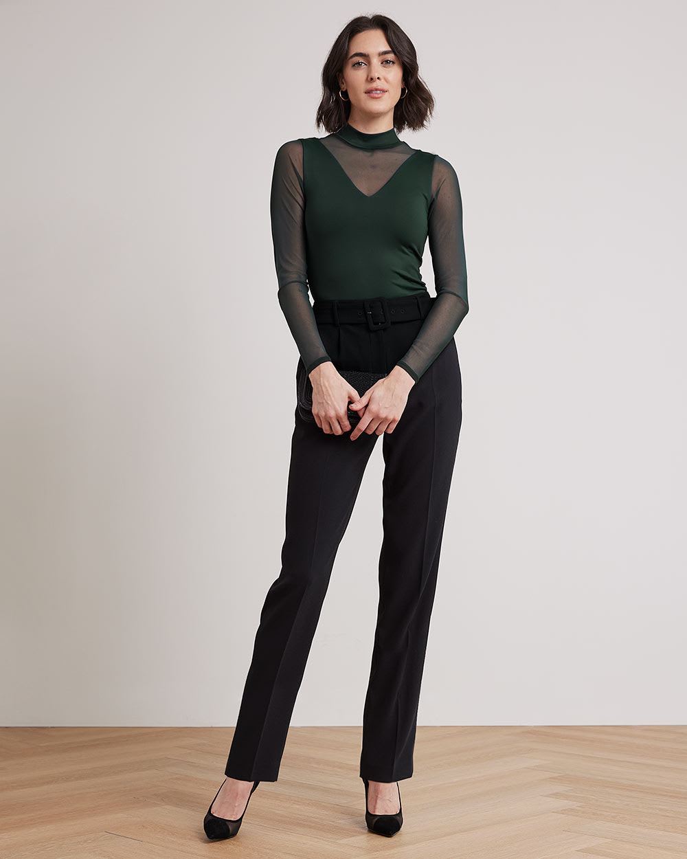 Sheer-Long-Sleeve Mock-Neck Tee