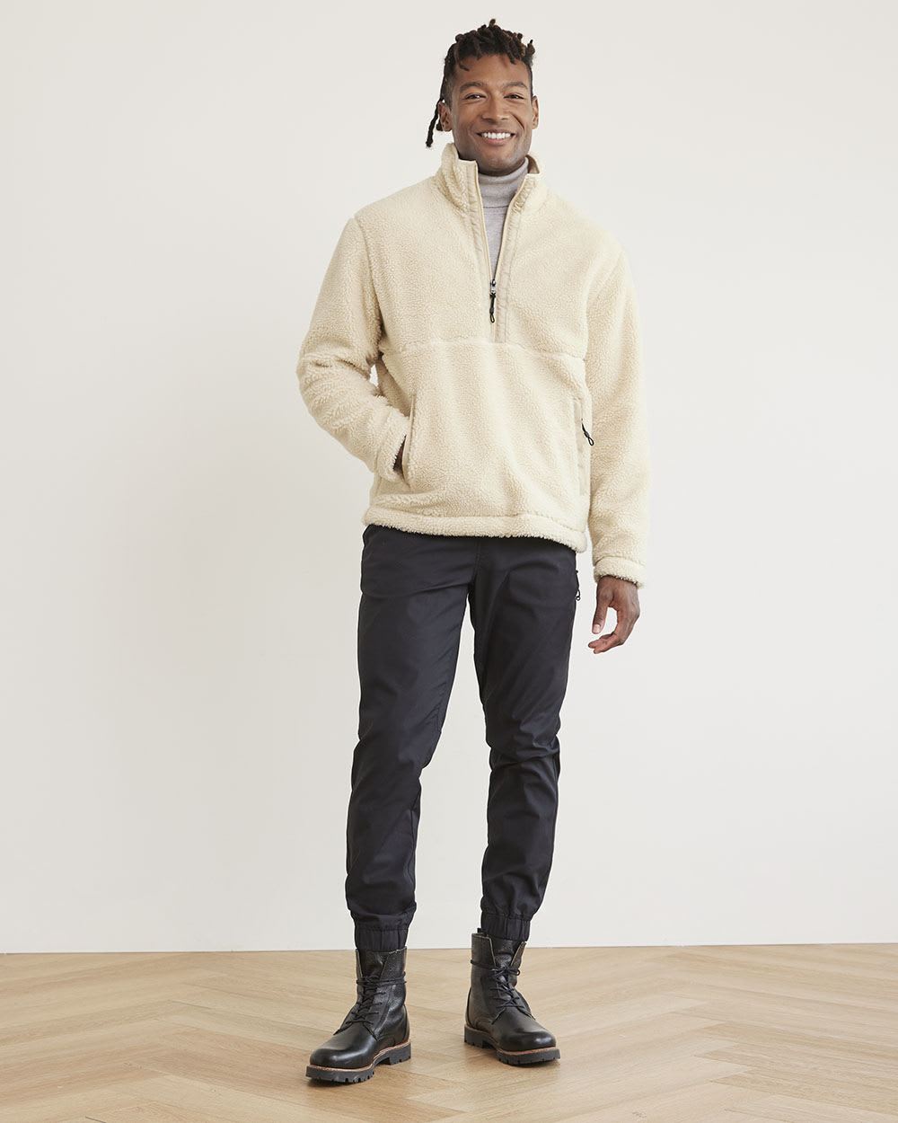 Long-Sleeve Half-Zip Mock-Neck Sherpa Pullover