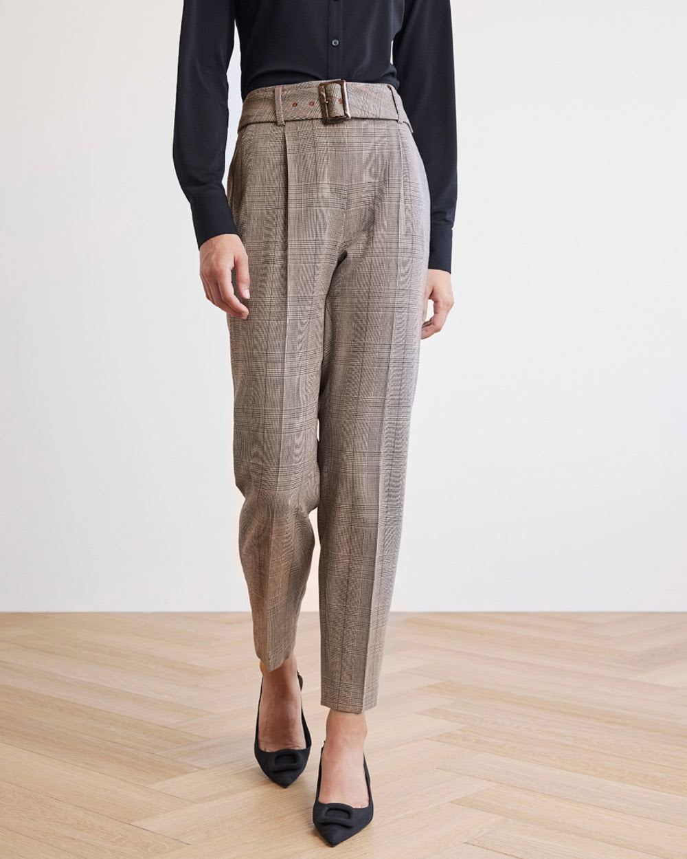 Tapered-Leg High-Rise Plaid Ankle Pant with Belt