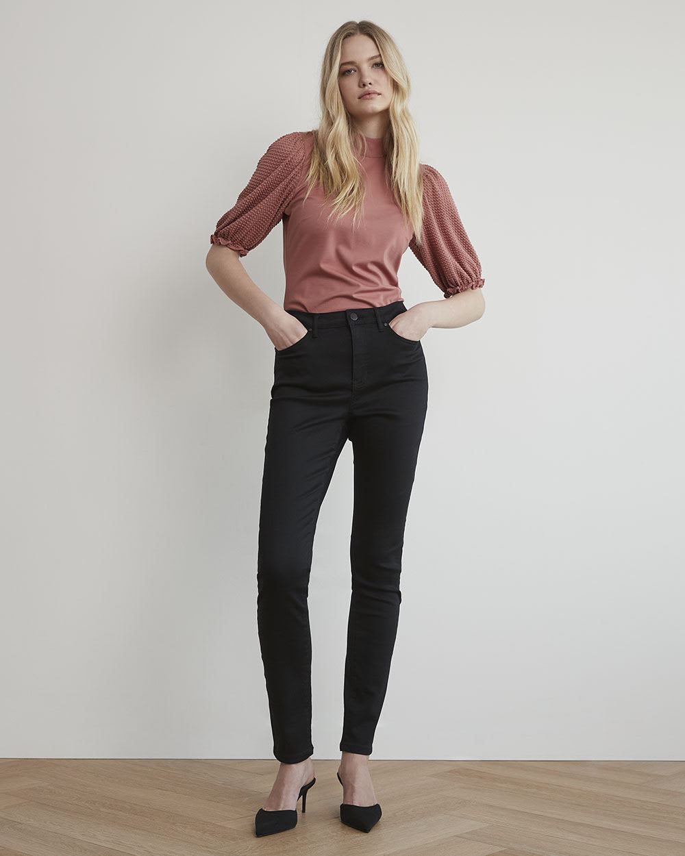 Mock-Neck T-Shirt with Short Puffy Sleeves