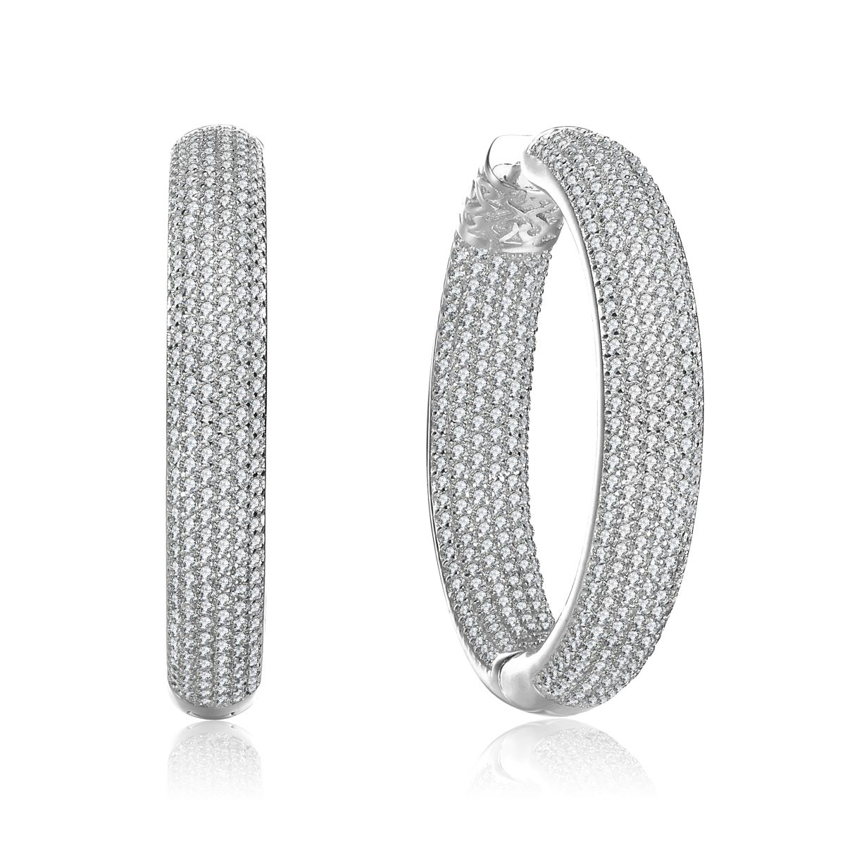 Genevive Sterling Silver white or 14k Yellow Gold Plated with Cubic Zirconia 10-Row French Pave Inside Out Large Tubular Hoop Earrings