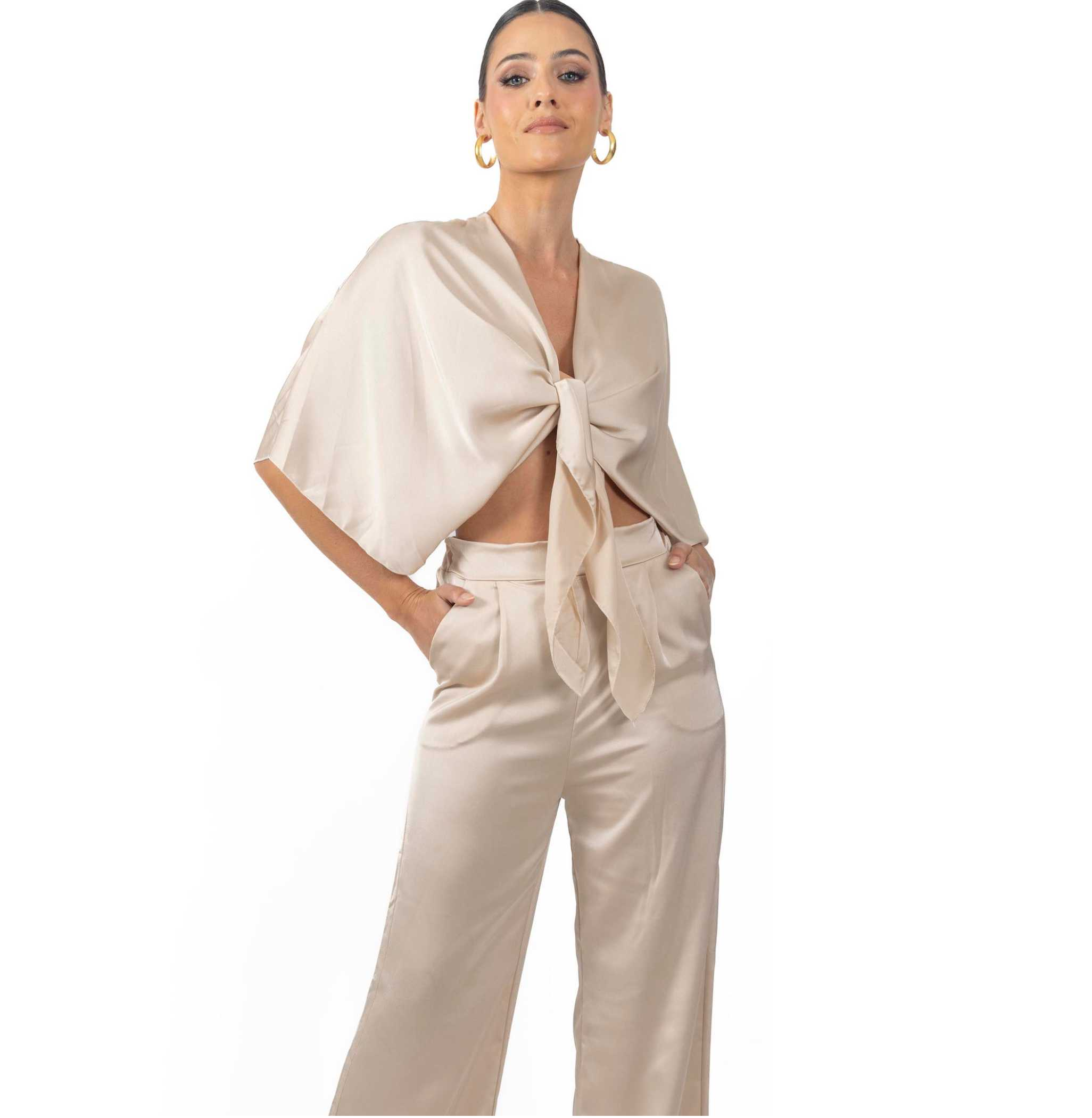 AKALIA Athena Women's Silky Tie Front Top In Green