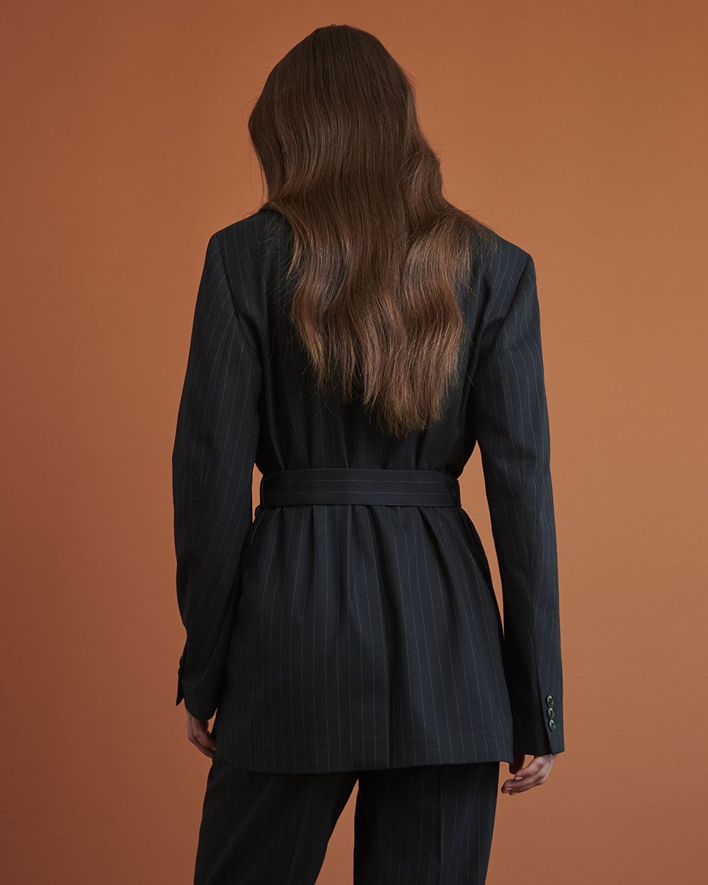 Gender-Neutral Navy Pinstriped Belted Blazer