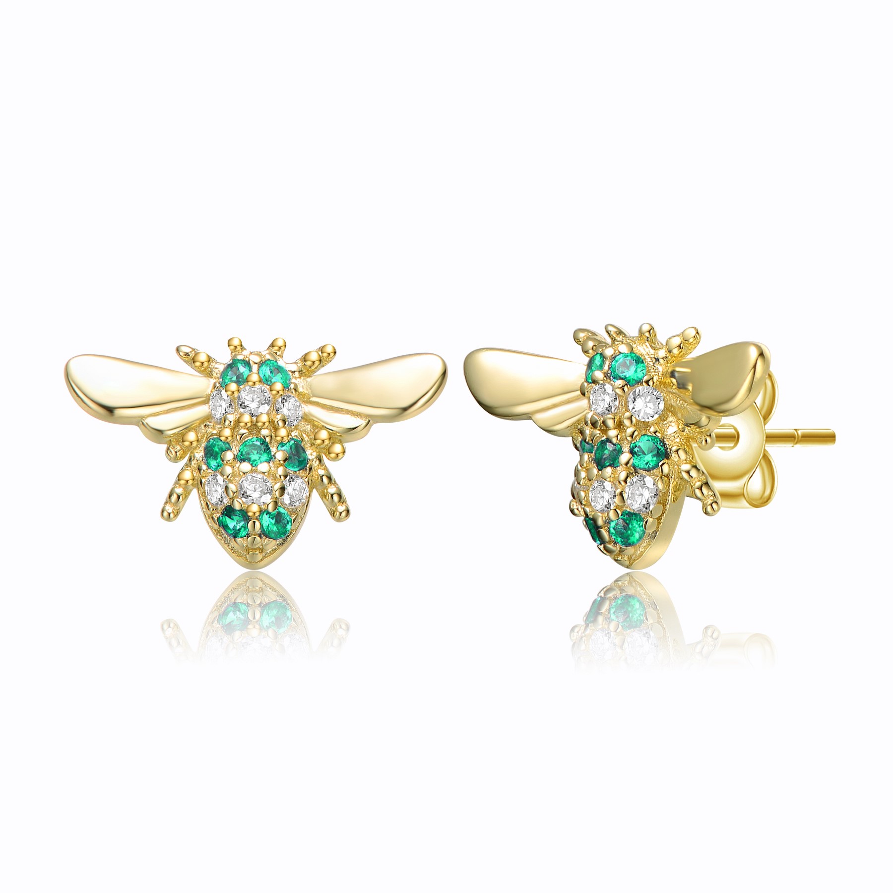 GV Sterling Silver 14k Yellow Gold Plated with Emerald or Yellow Cubic Zirconia Pave Wasp Stud Earrings