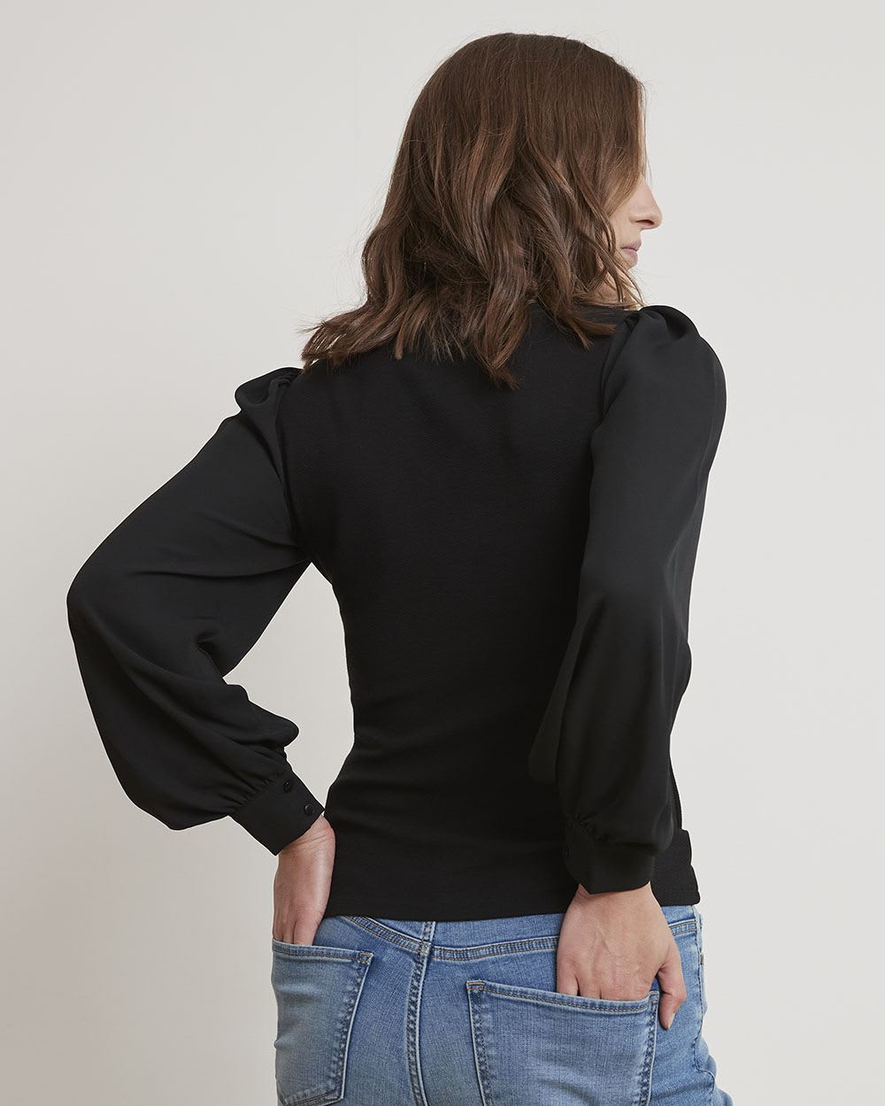 Mix-Media V-Neck Top with Long Puffy Sleeves