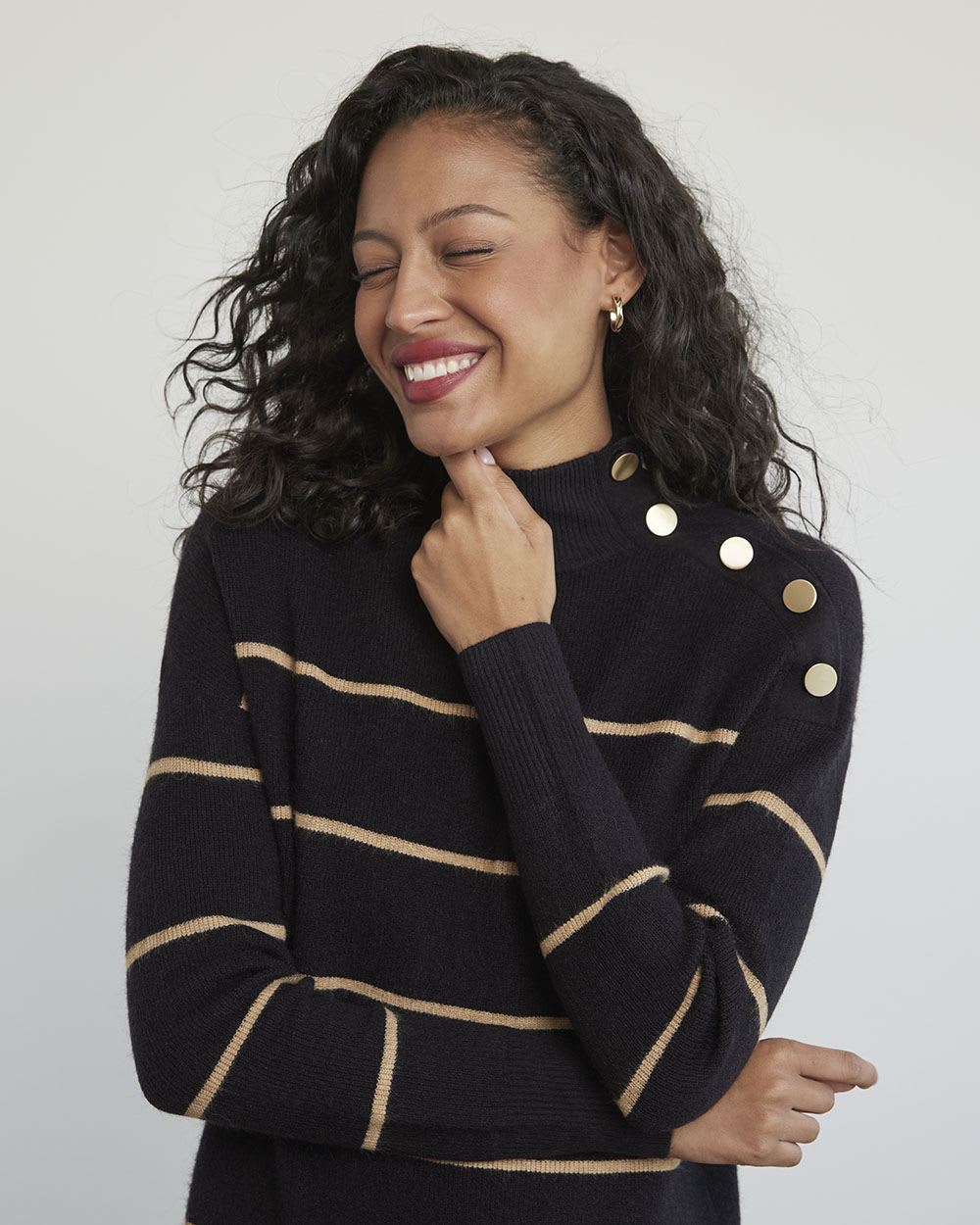 Long-Sleeve Mock-Neck Straight Dress with Buttons at Shoulder