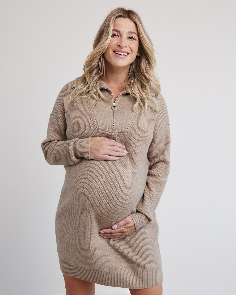 Long-Sleeve Sweater Dress with Half-Zipped High Neckline - Thyme Maternity