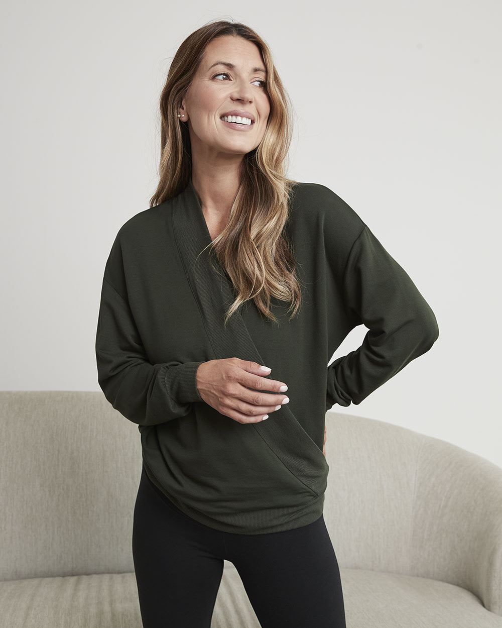 Long-Sleeve Fleece Top with Wrap V Neckline - Thyme Maternity