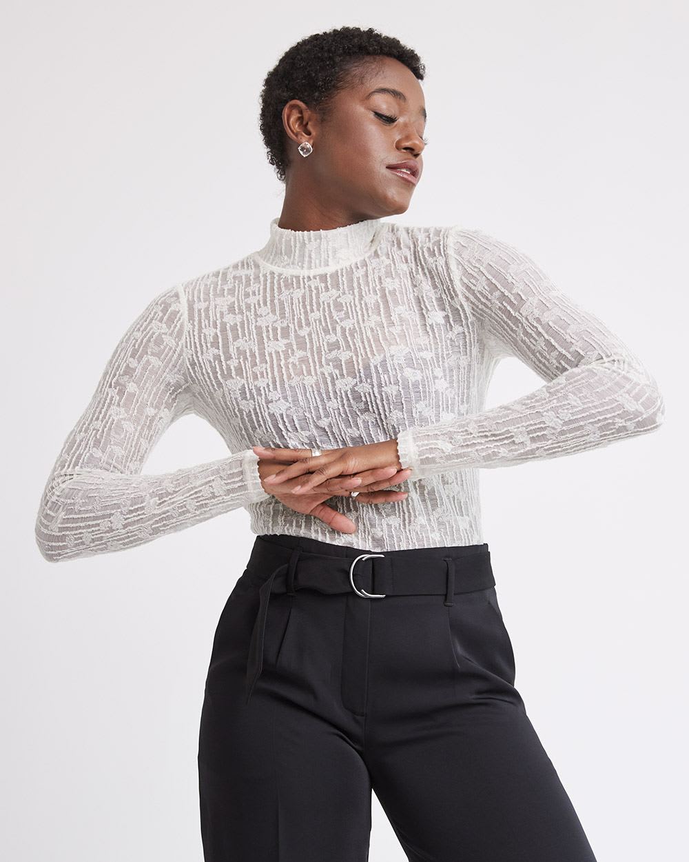 Long-Sleeve Mock-Neck Wool Lace Top