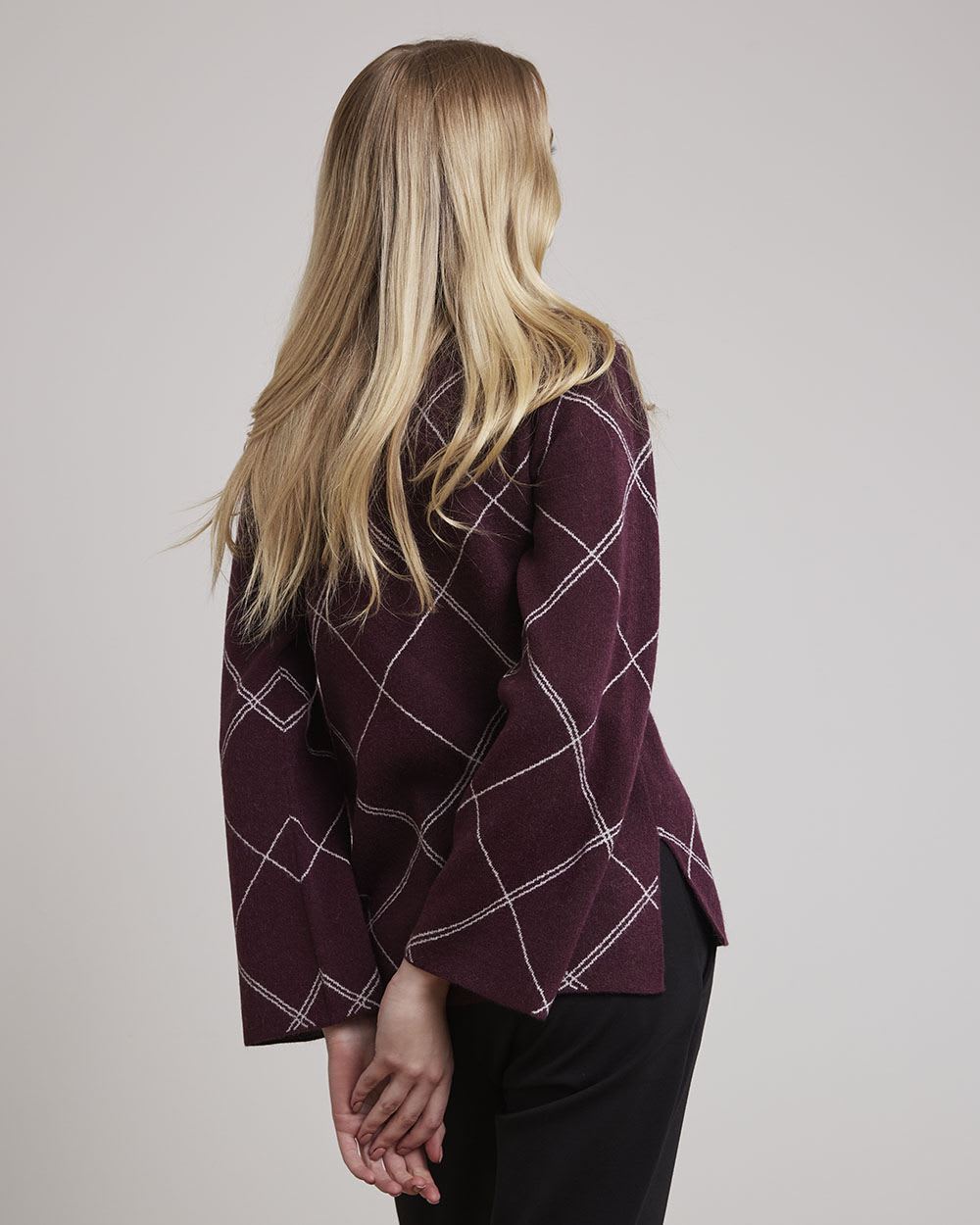 Long Mock-Neck Plaid Sweater with Long Bell Sleeves