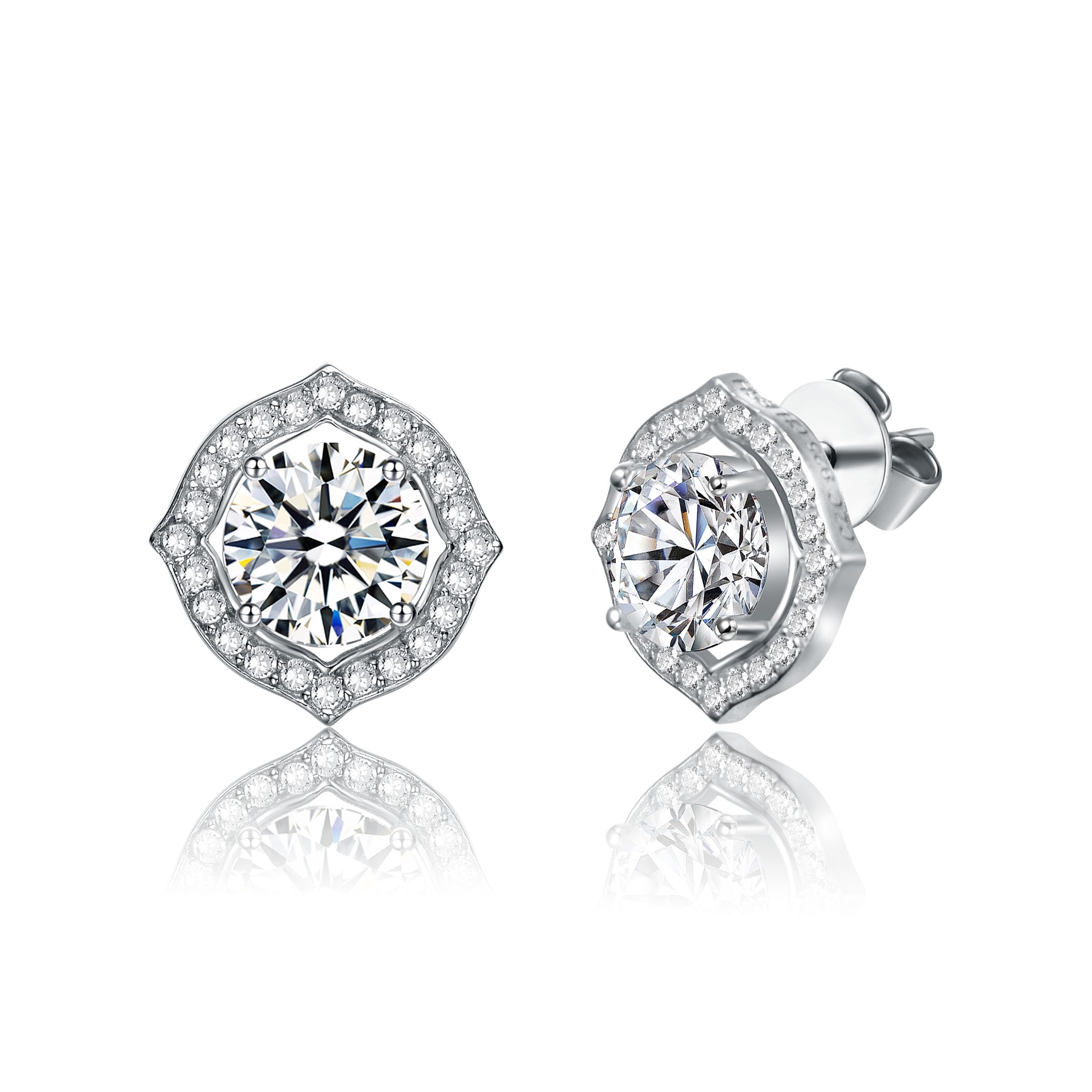 SV Sterling Silver with 2.34ctw Lab Created Moissanite Round Geometric Halo Stud Earrings