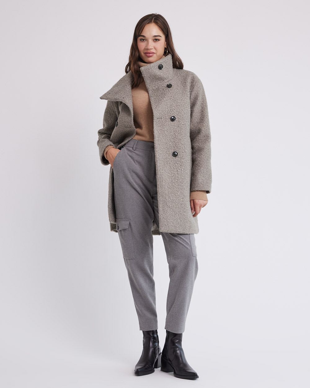 Classic Bouclé Coat with High Neckline