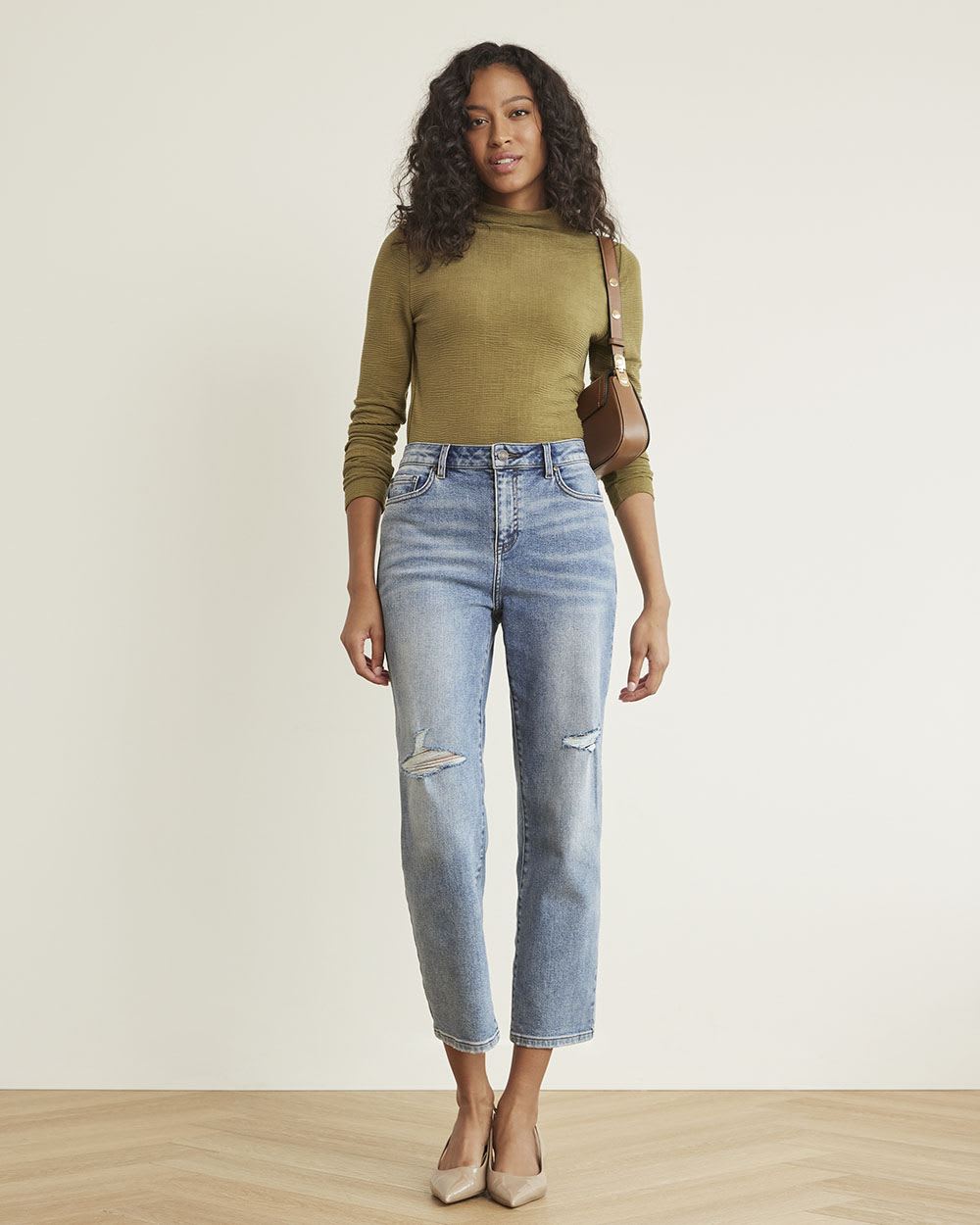Long-Sleeve Mock-Neck Textured Bodycon Tee