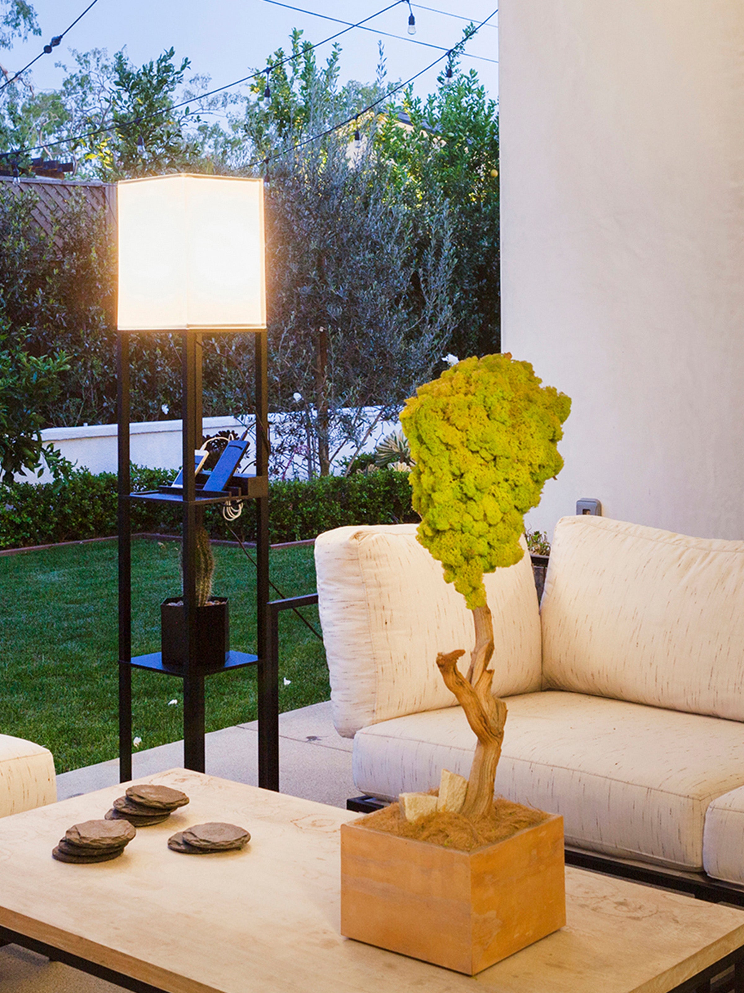 Maxwell Shelf & Led Floor Lamp With Lantern Shade, Usb Port, And Outlet