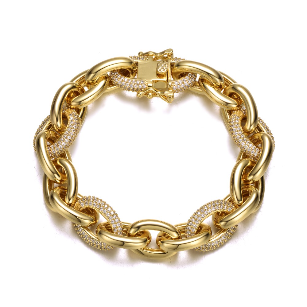 RG 14k Yellow Gold Plated with Cubic Zirconia Chunky Tubular Oval Cable Chain Bracelet
