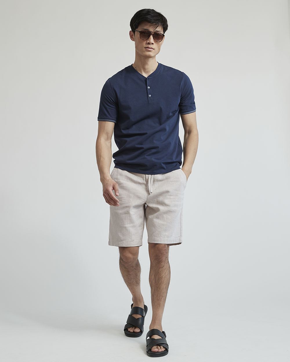 Solid Short-Sleeve Tee with Henley Neckline