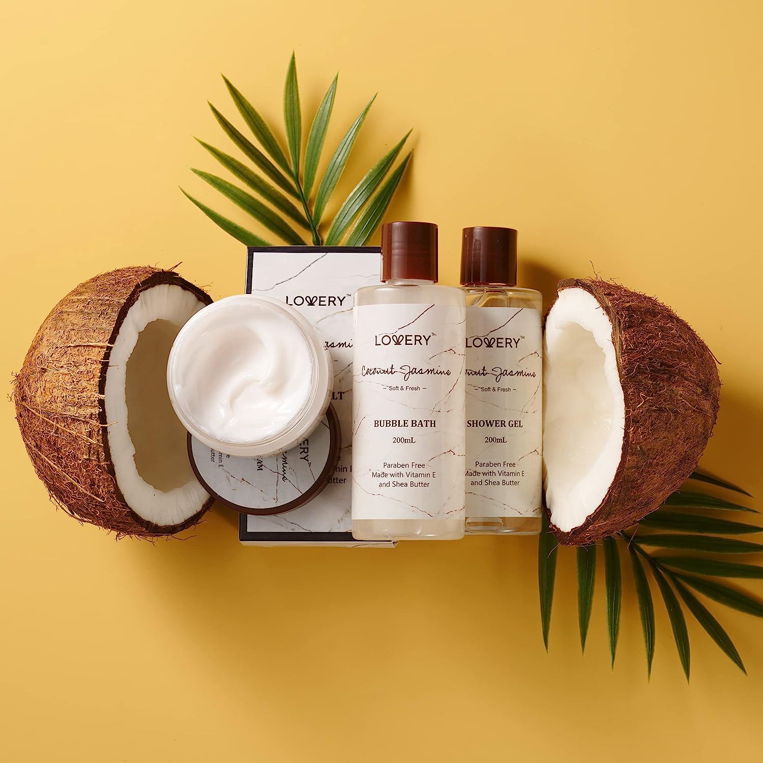 Lovery Coconut Jasmine Luxury Bath And Body Set - Home Spa Self Care Kit With Massager