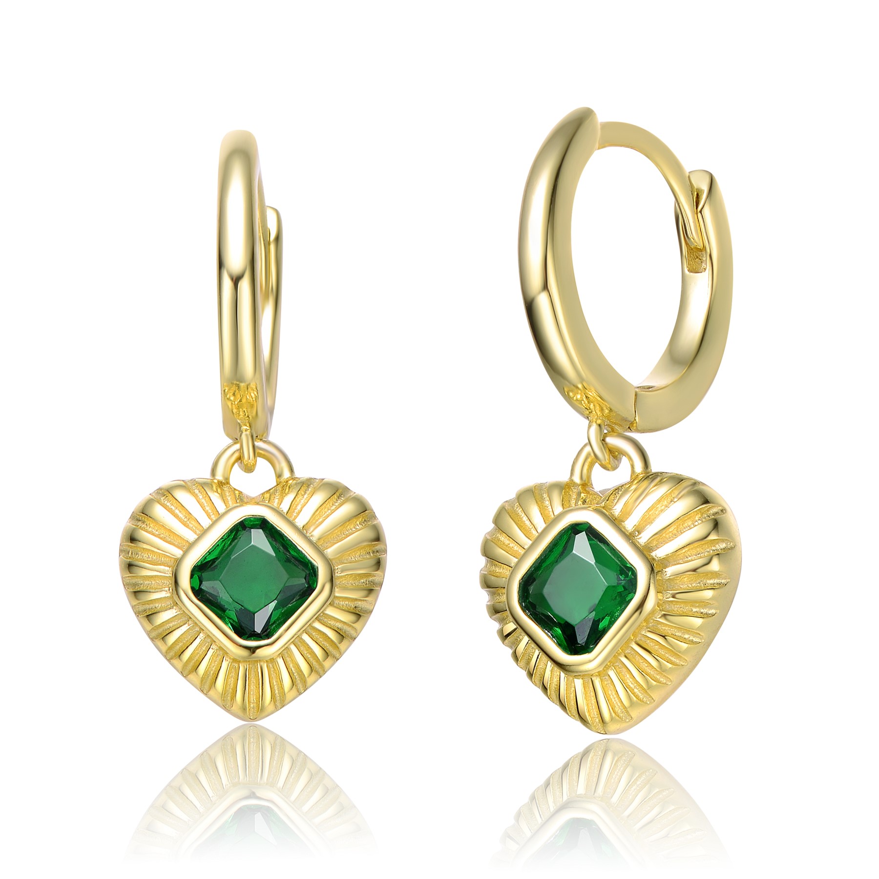GV Sterling Silver 14k Yellow Gold Plated with Emerald Cubic Zirconia Dangle Heart Huggie Hoop Earrings