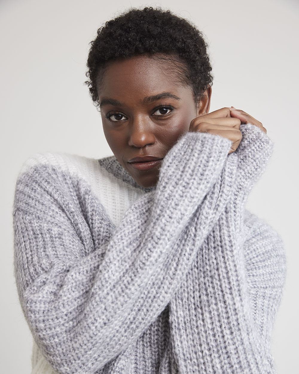 Striped Mock-Neck Sweater with Long Bell Sleeves