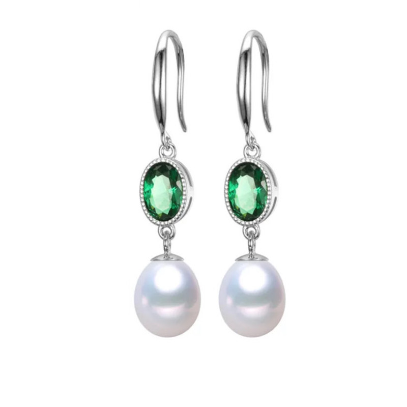 Sterling Silver & Emerald Green Oval CZ Drop Earrings with White Freshwater Pearl - Signature Pearls