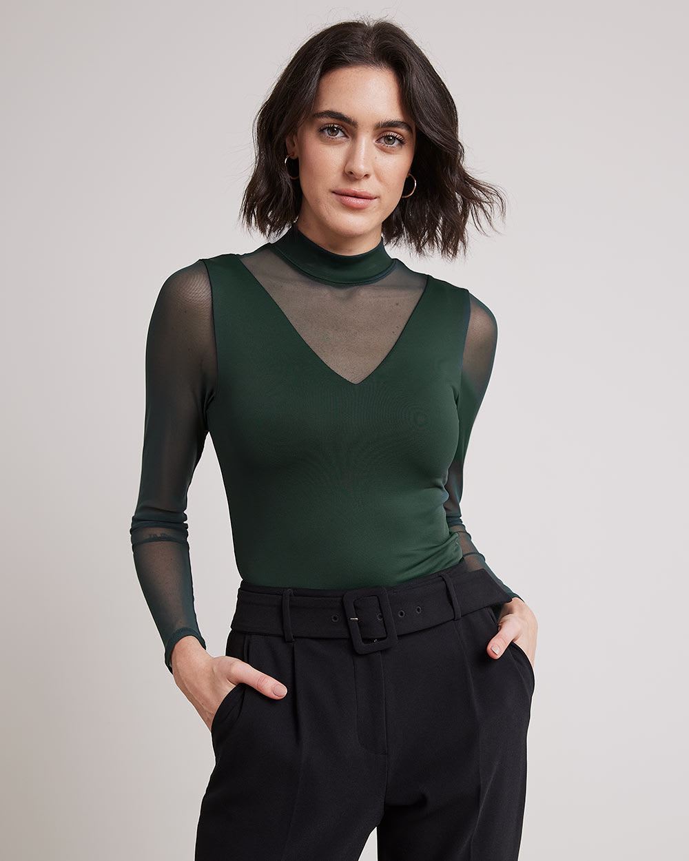 Sheer-Long-Sleeve Mock-Neck Tee