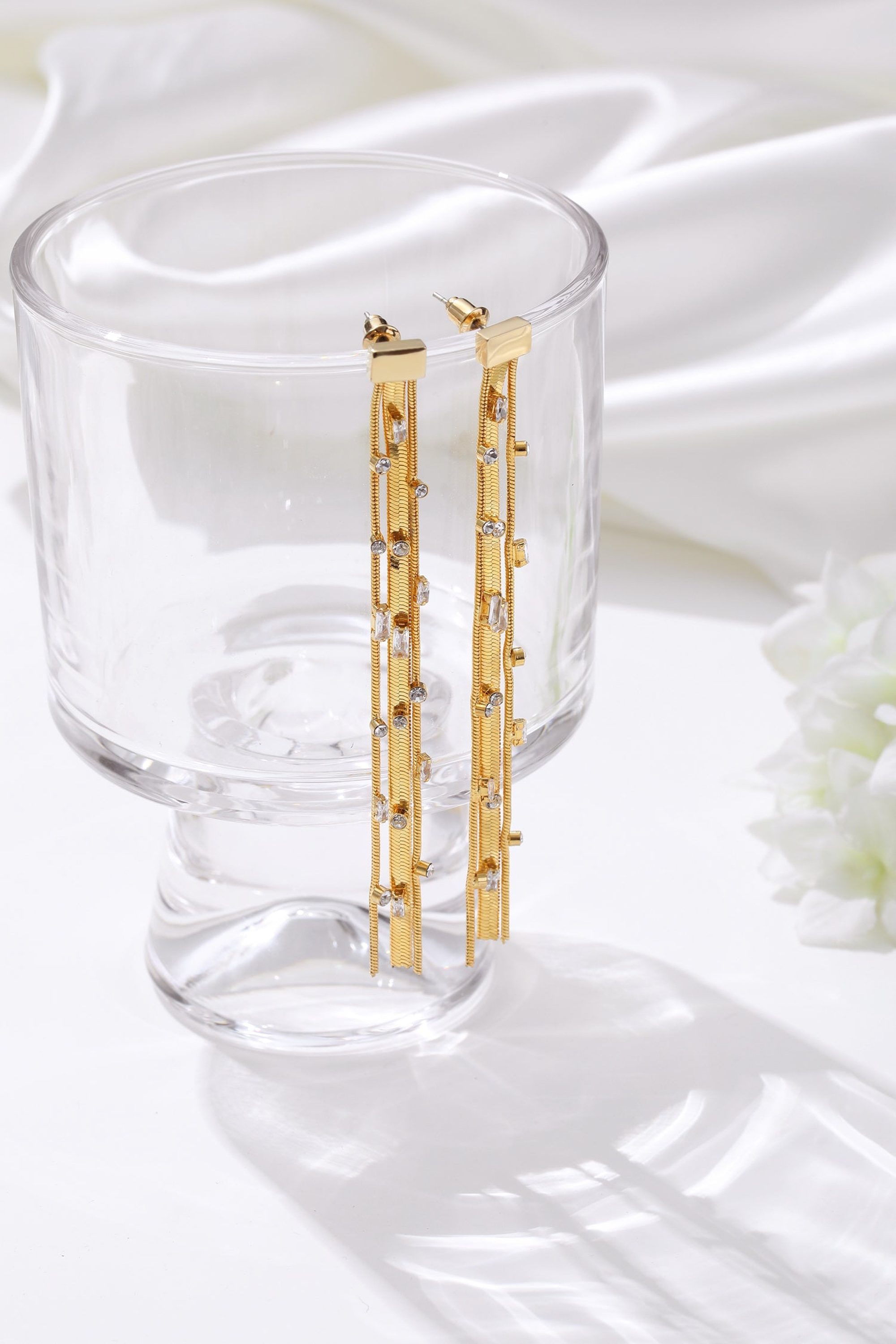 Classicharms-Gold Tassel Dangle Zirconia Earrings