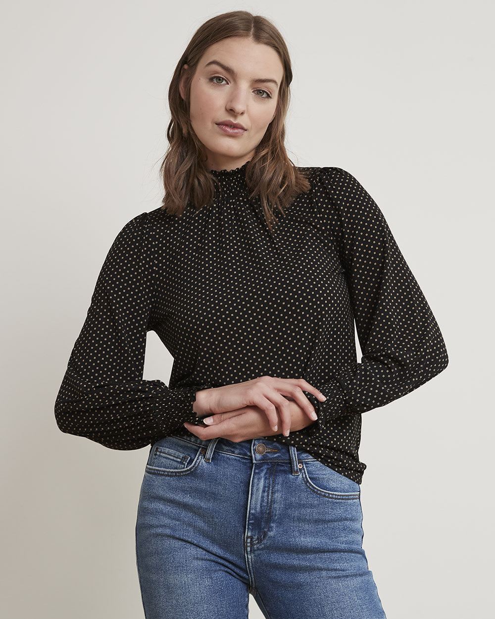 Printed Mock-Neck T-Shirt with Long Puffy Sleeves