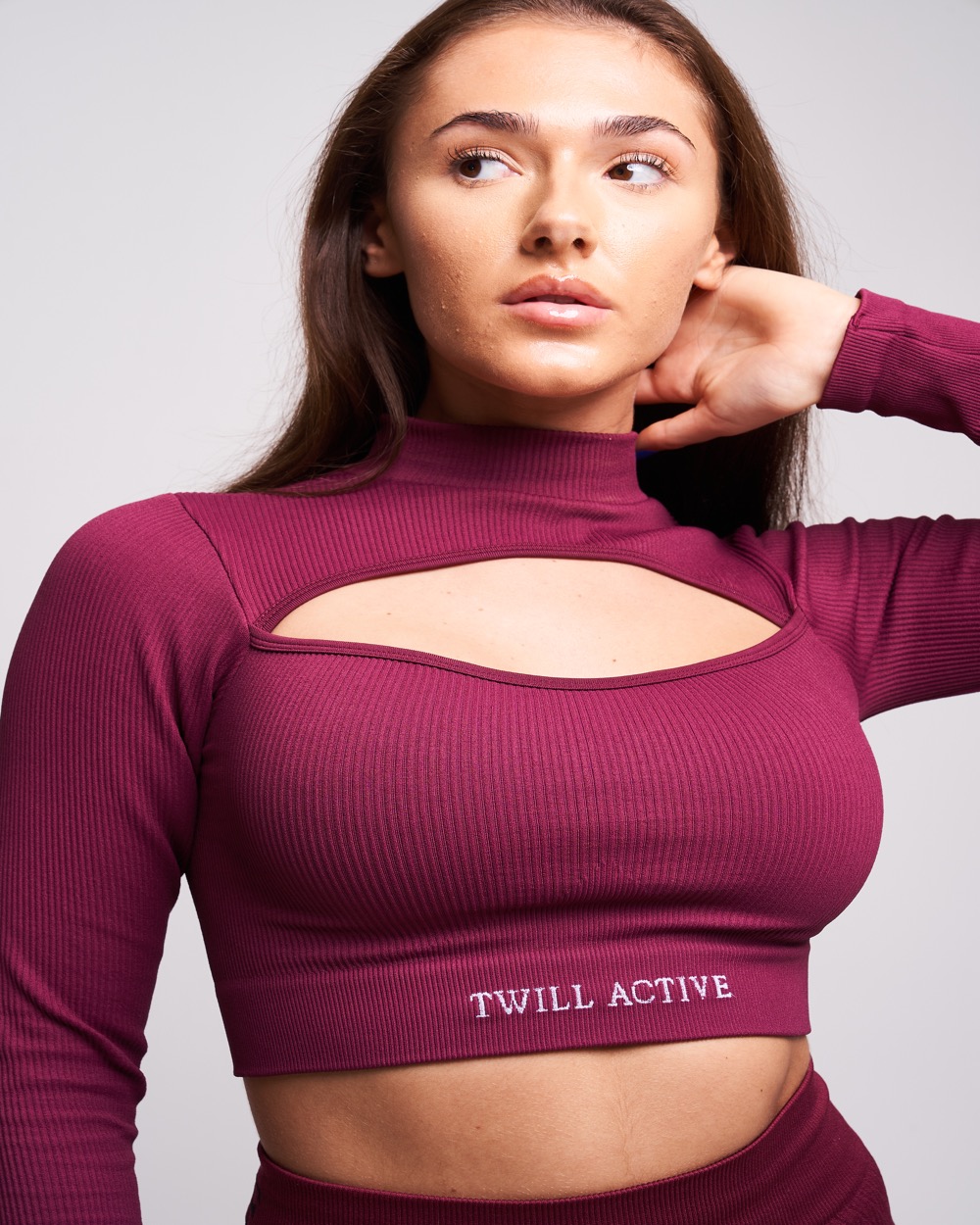 Twill Active - Viyella Recycled Rib High Neck Long Sleeve Crop Top - Burgundy