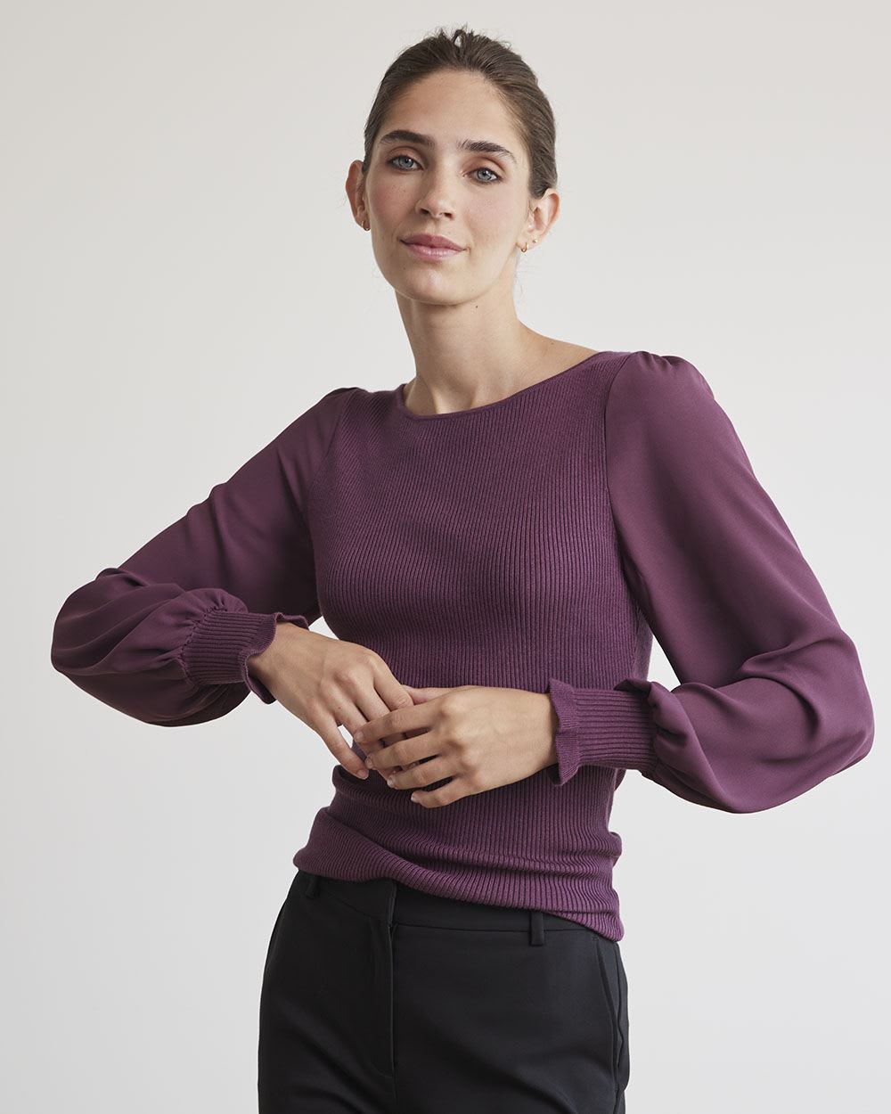 Mix-Media Bodycon Sweater with Long Puffy Sleeves