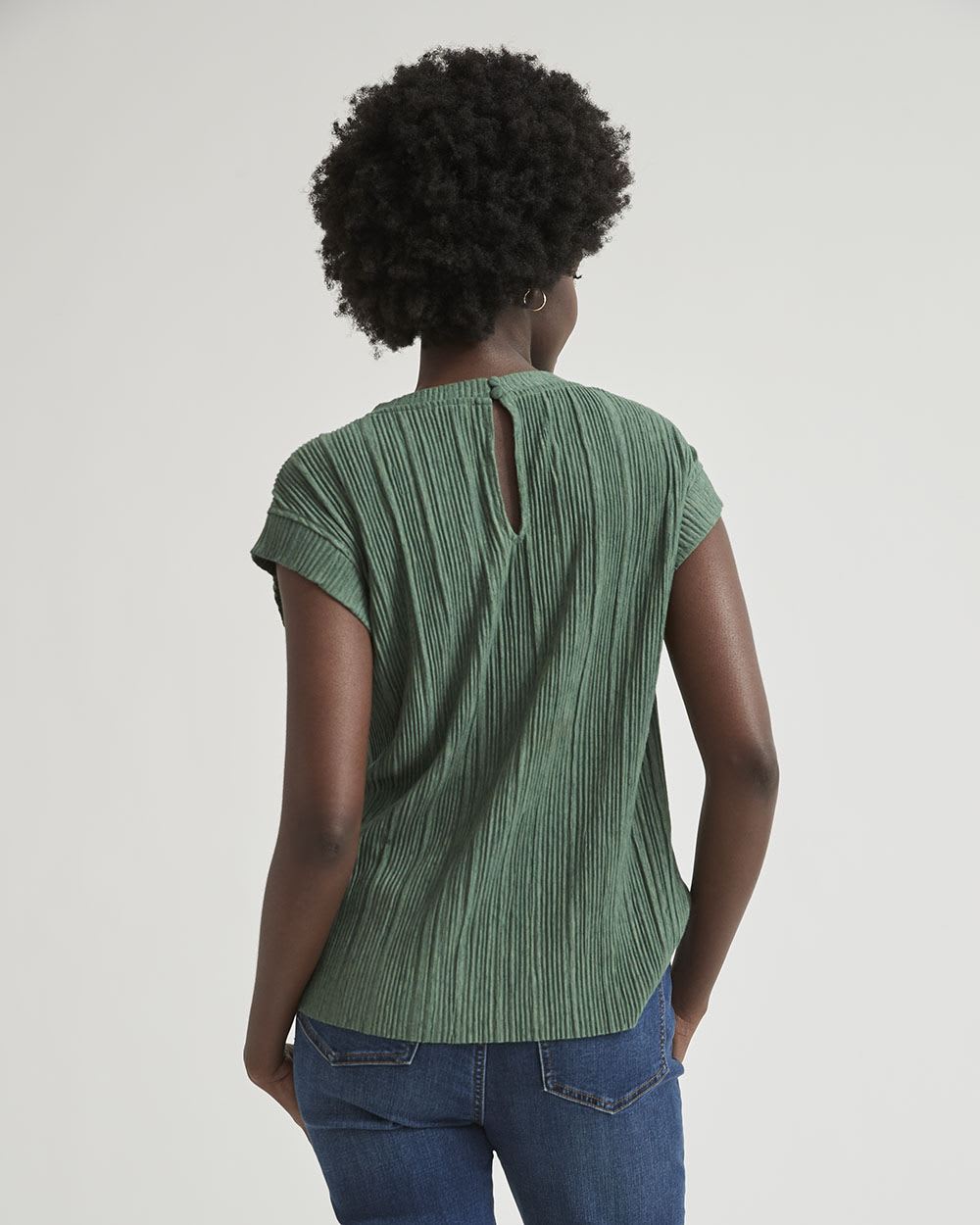 Crinkle Crew-Neck Cap Sleeve T-Shirt