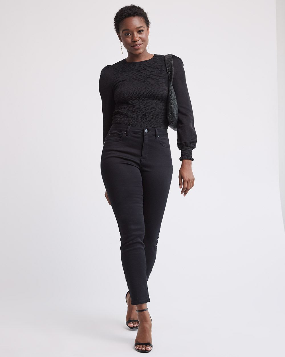 Long-Puffy-Sleeve Smocked Tee with Crew Neckline