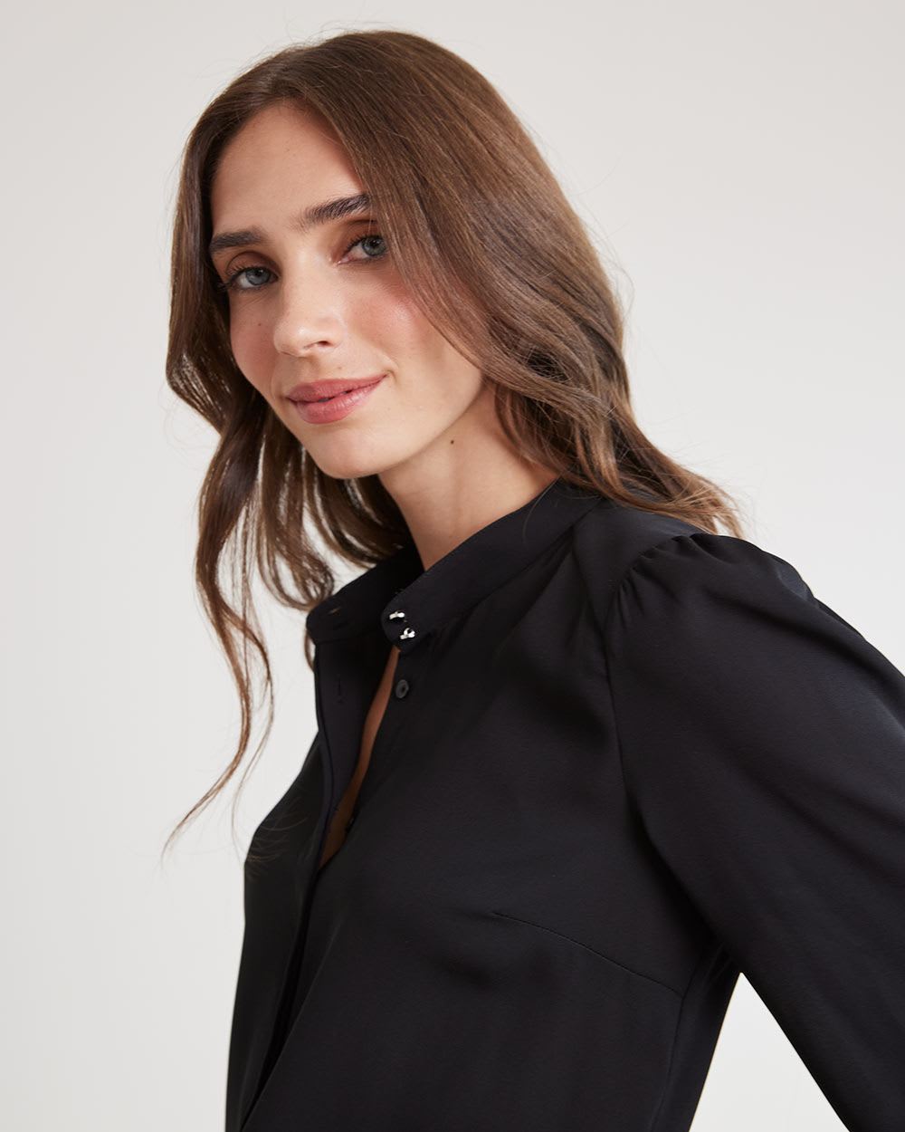 Long-Sleeve Buttoned-Down Silky Crepe Blouse
