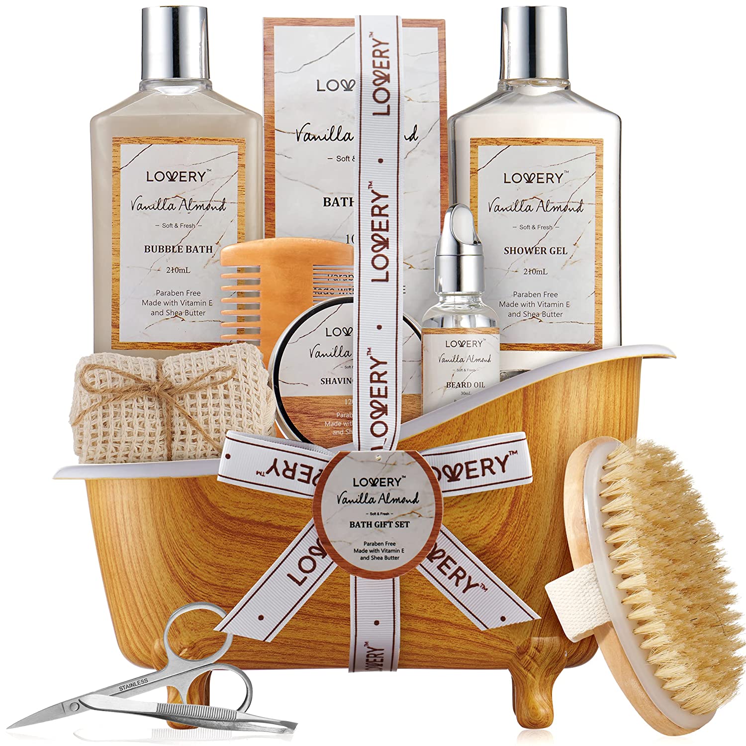 Lovery Luxury Spa Kit, 11pc Vanilla Almond Self Care Grooming Kit, Bath And Body Basket