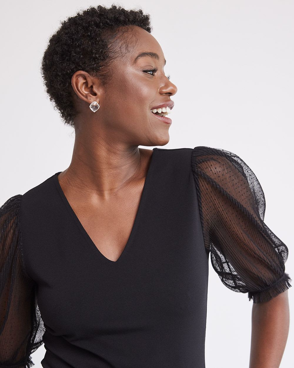 V-Neck Top with Sheer Puffy Sleeves