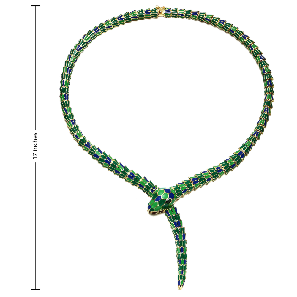 RG 14k Yellow Gold Plated with Emerald Cubic Zirconia Blue & Green Enamel Coiled Serpent Snake Stiff Collar Necklace