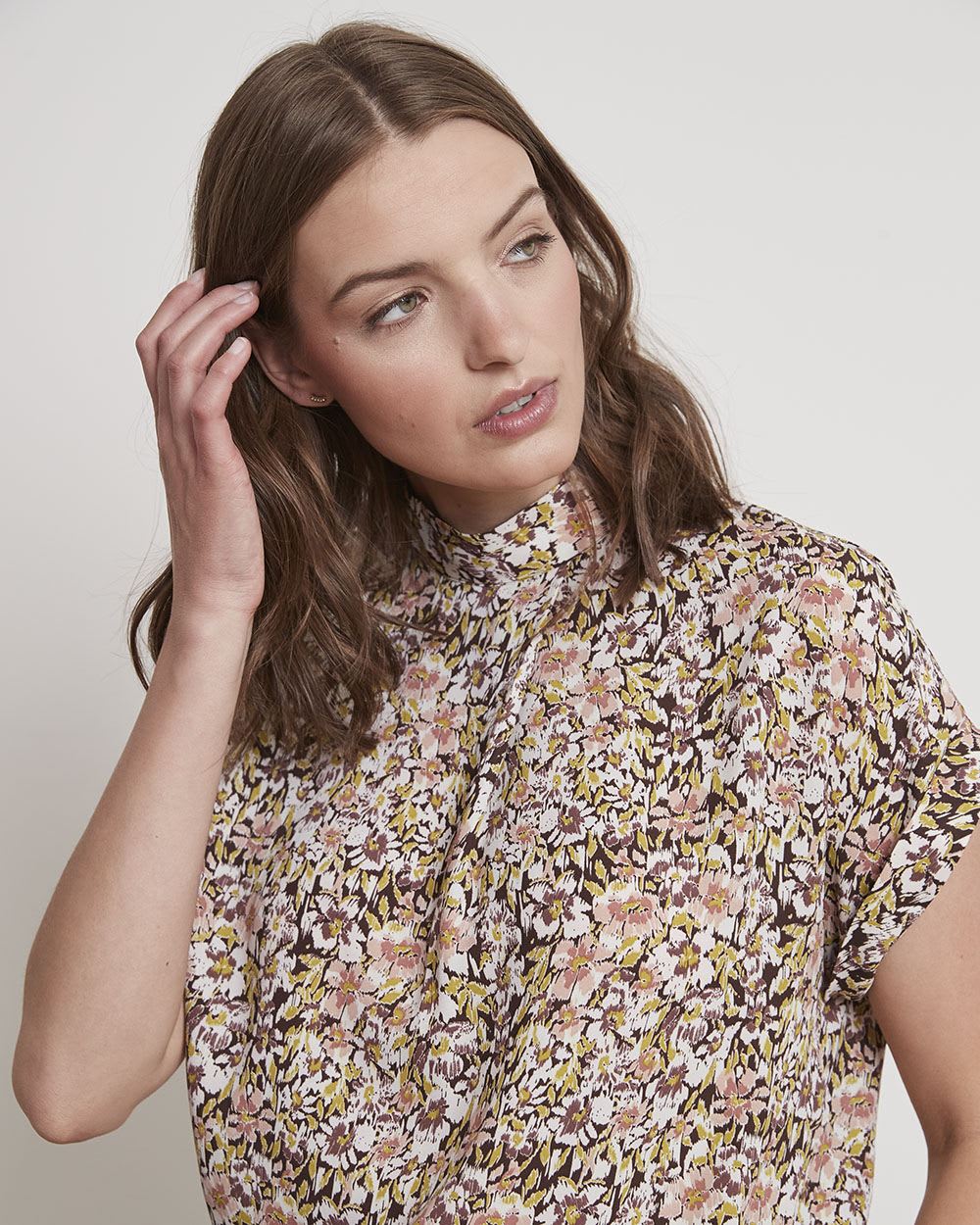 Mock-Neck Popover Blouse with Extended Sleeves